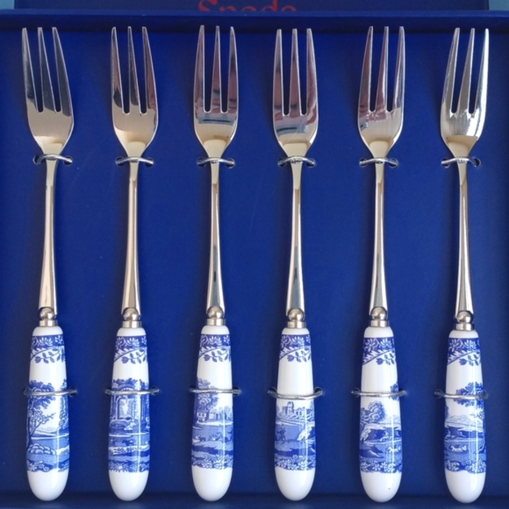 NIB Spode Blue Italian Silver & Floral Landscape Pastry Serving Forks Set Of 6 - Picture 9 of 13